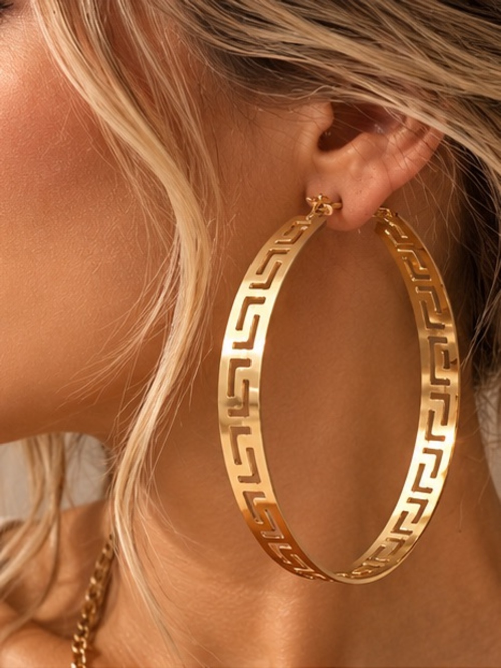 Gold Greek Key Extra Large Hoop Earrings Statement Jewelry 3.15” 8 cm